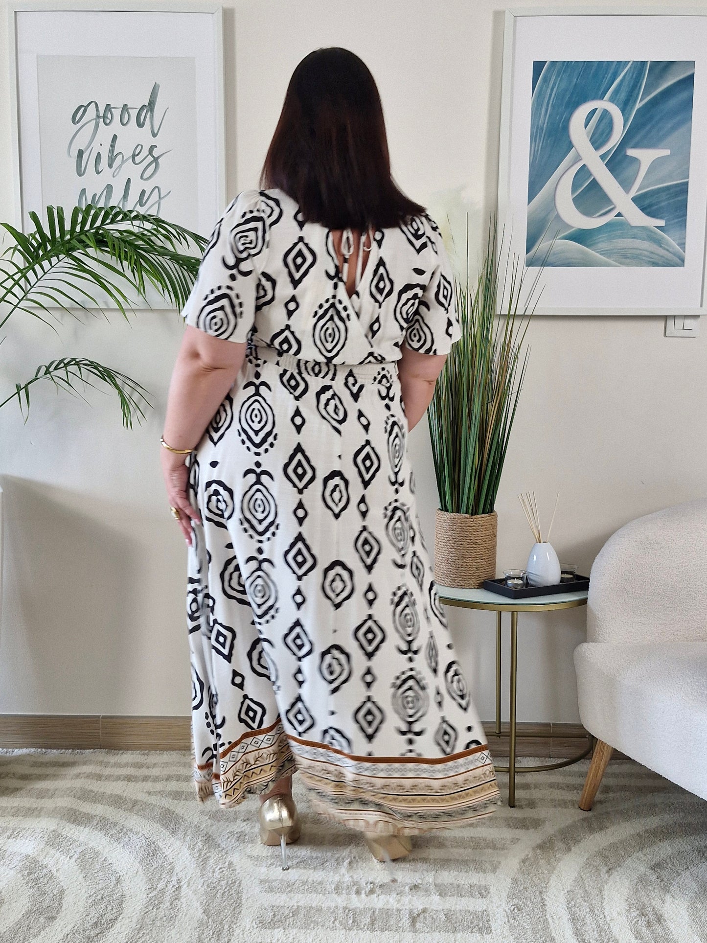 Robe longue beige imprimés noirs MOANA Grande Taille
