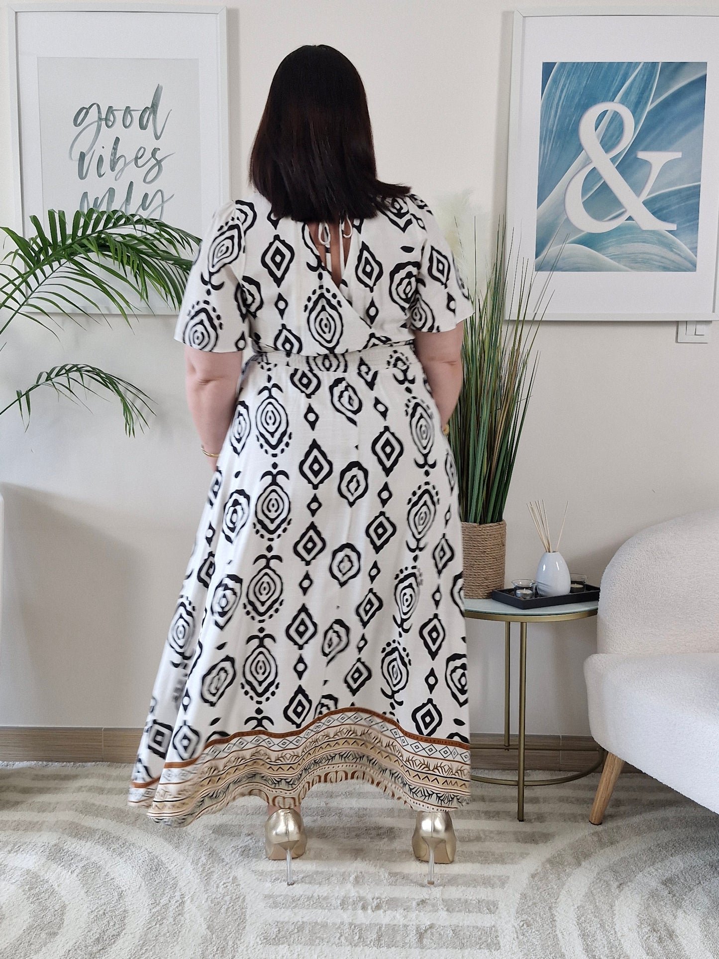 Robe longue beige imprimés noirs MOANA Grande Taille