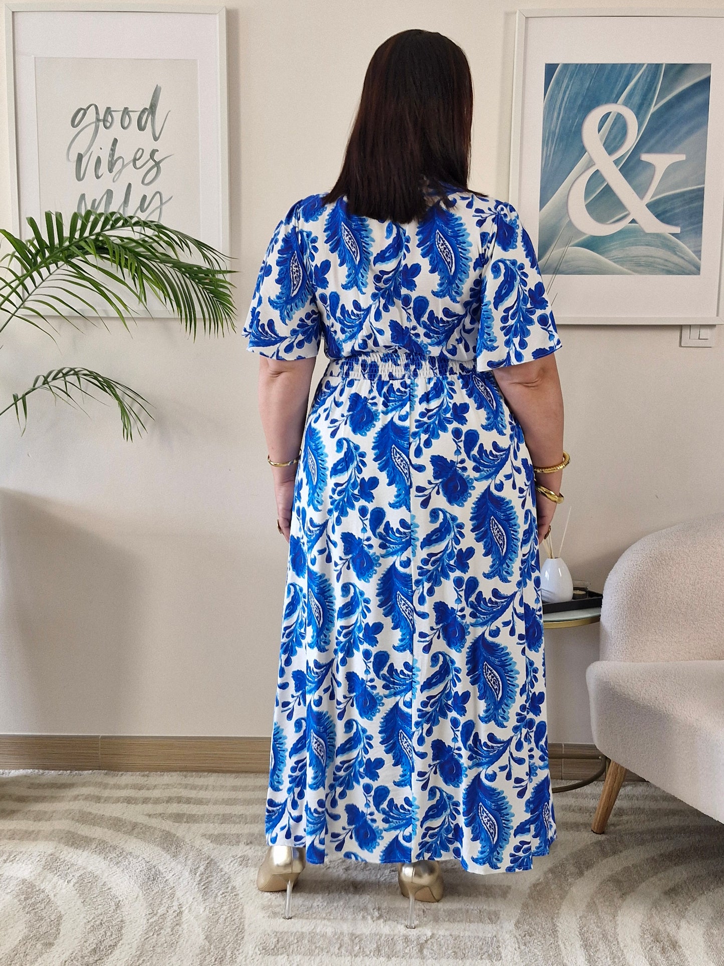 Robe longue blanche et bleue imprimé cachemire CHARLINE Grande Taille