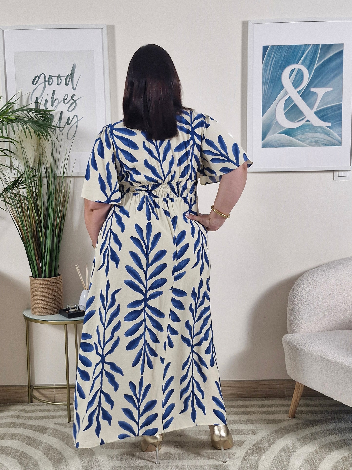 Robe longue imprimé bleu marine et écru femme Grande Taille: BIANCA