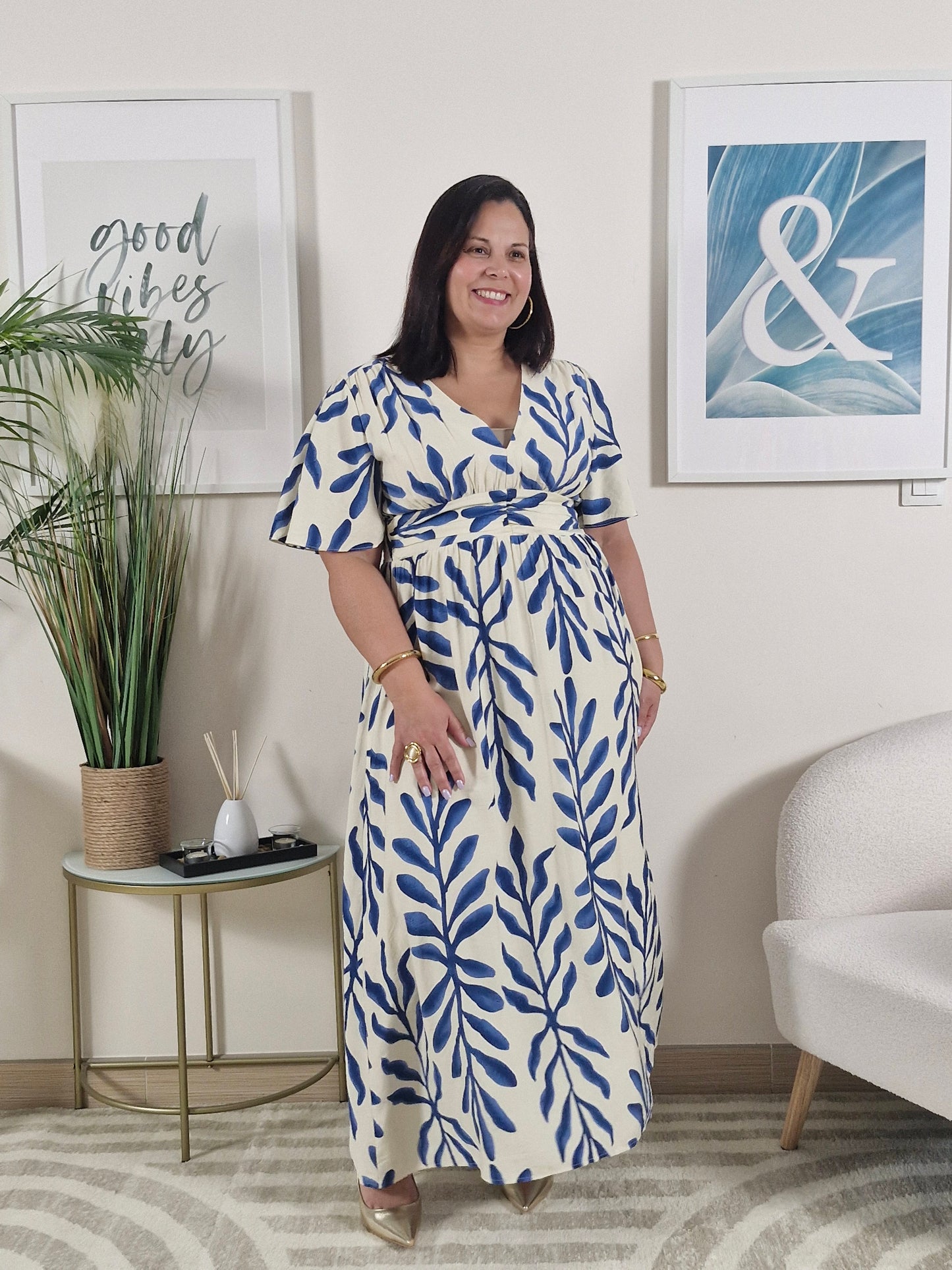 Robe longue imprimé bleu marine et écru femme Grande Taille: BIANCA