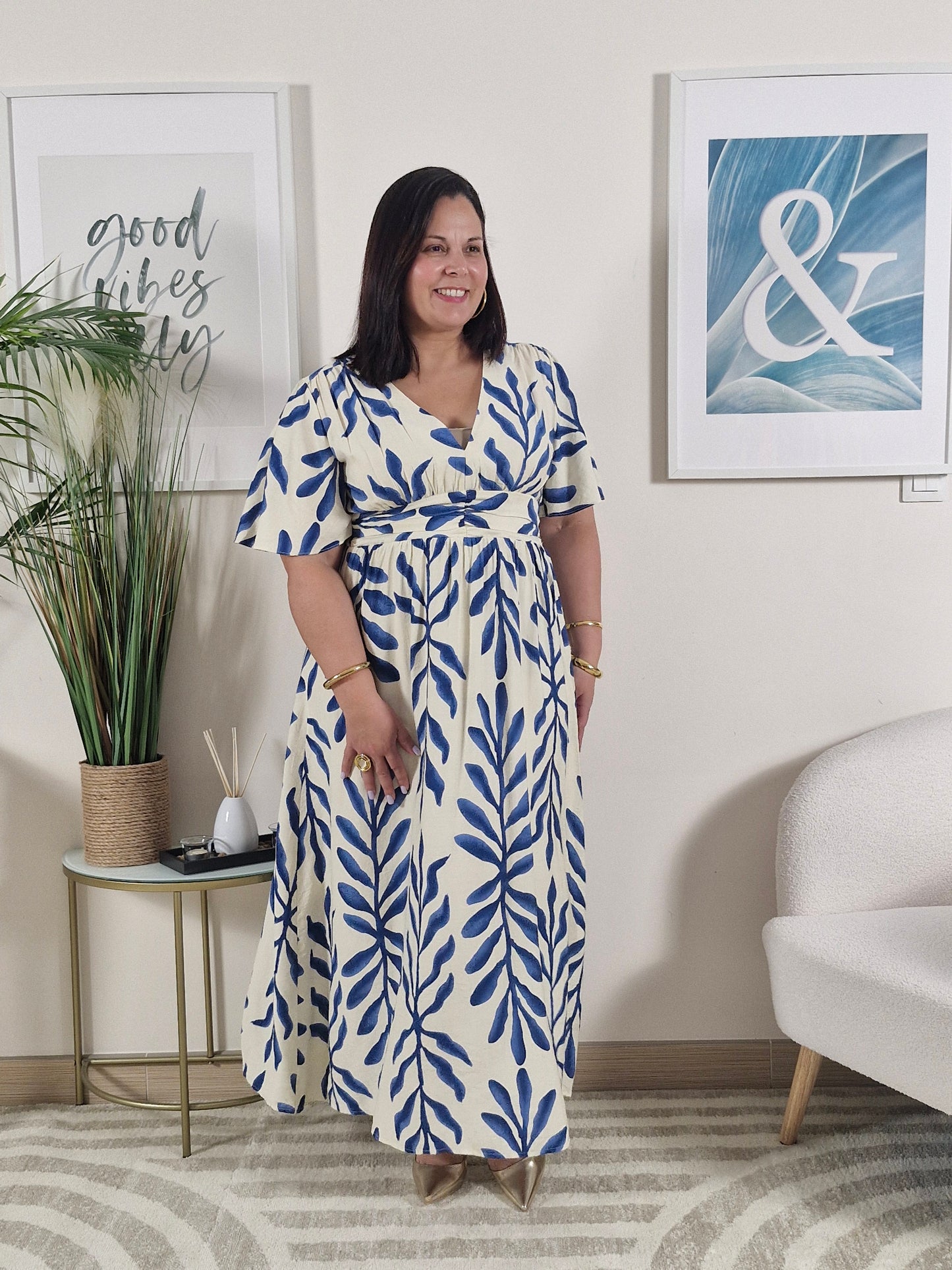 Robe longue imprimé bleu marine et écru femme Grande Taille: BIANCA