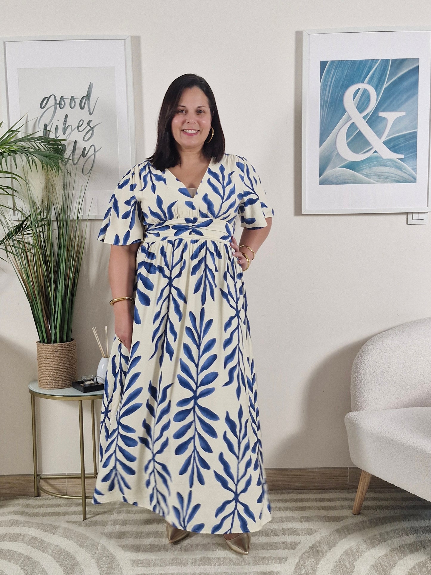 Robe longue imprimé bleu marine et écru femme Grande Taille: BIANCA