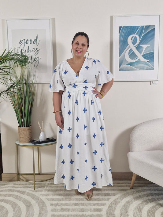 Robe longue été blanche et trèfles bleus MYA