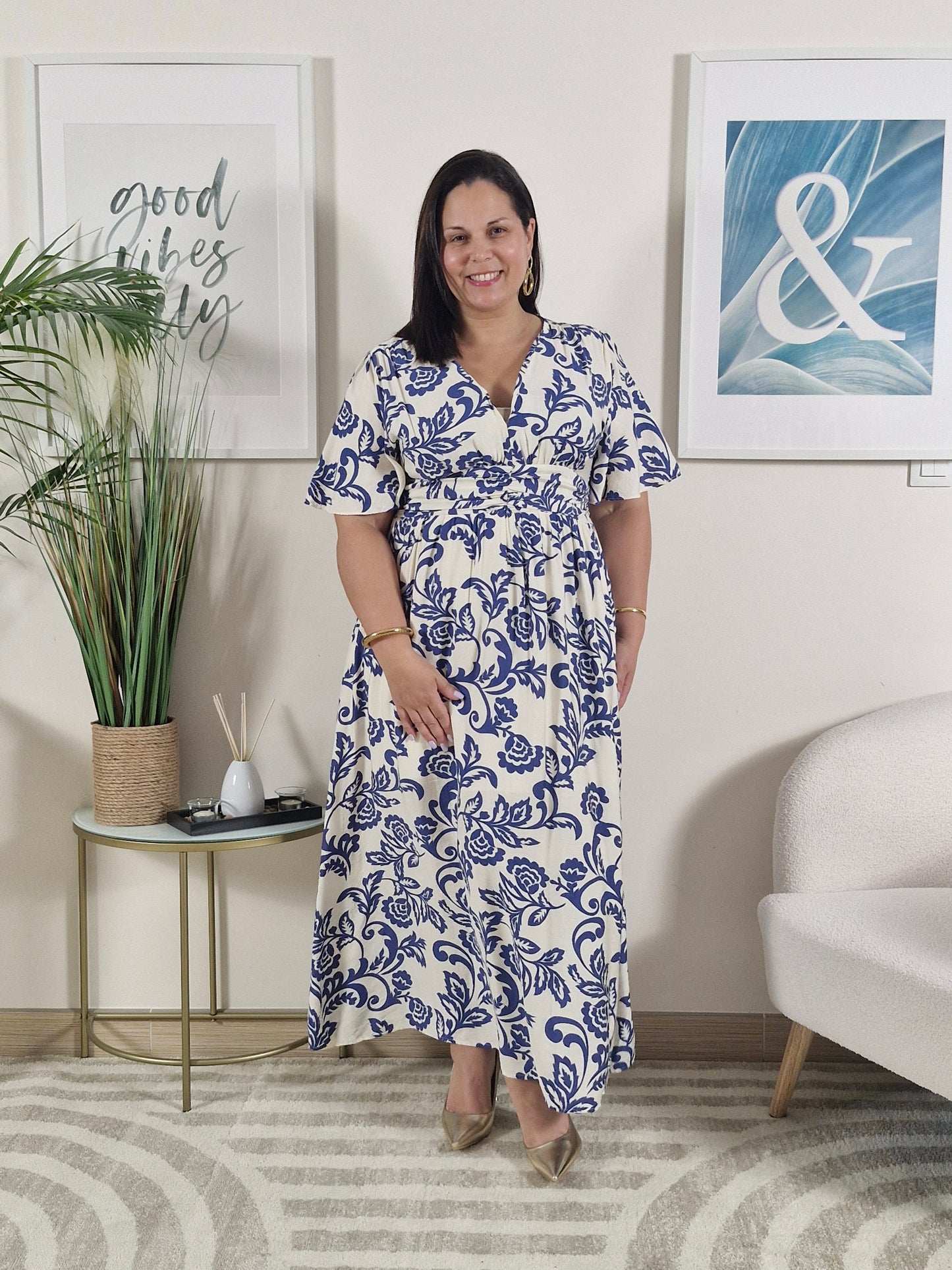 Robe longue été blanche imprimés cachemire bleu SABRINA