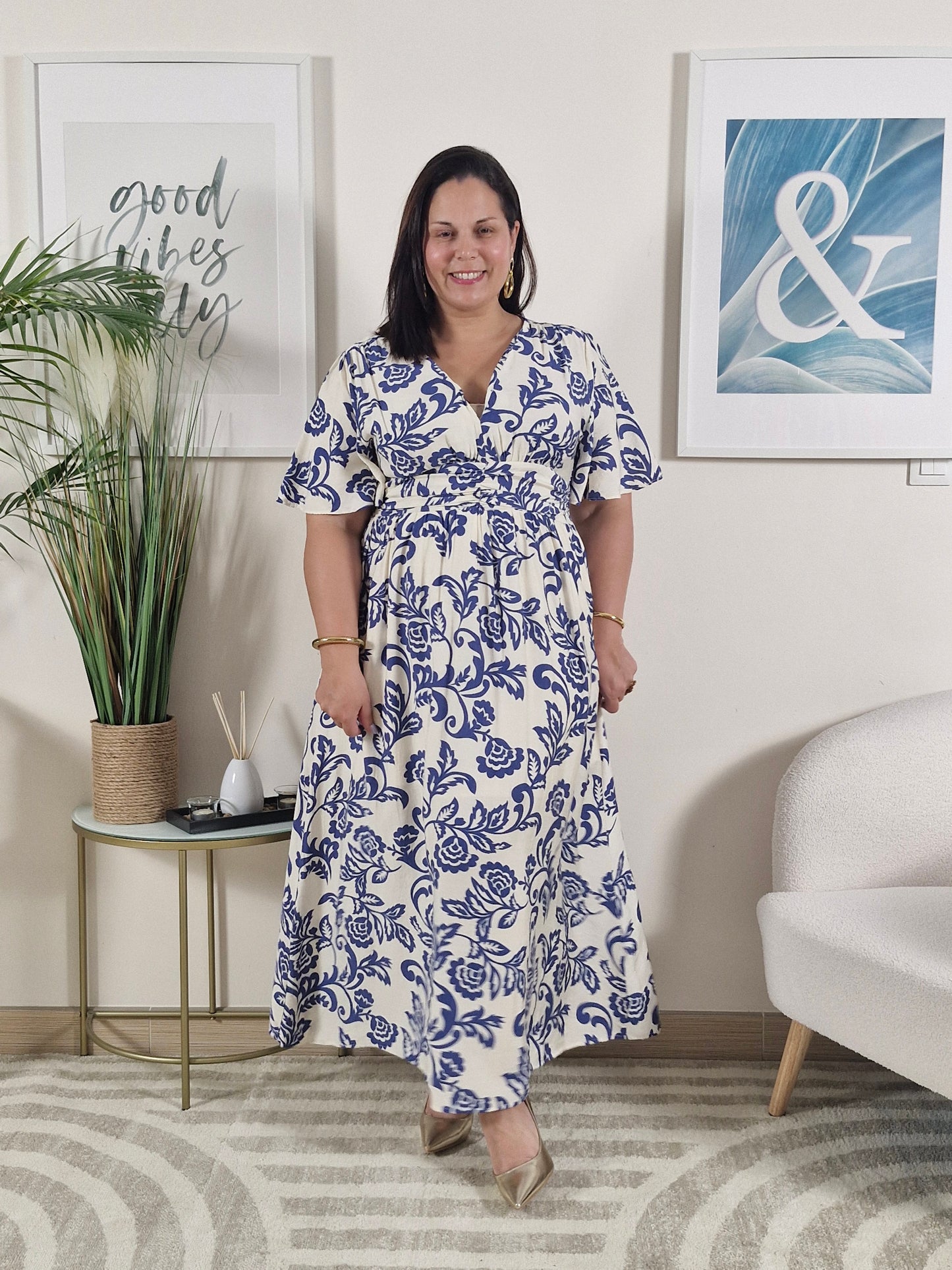 Robe longue été blanche imprimés cachemire bleu SABRINA