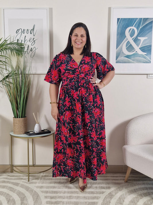 Robe longue portefeuille à fleurs fuchsia sur fond bleu marine _Grande taille_YASMINE