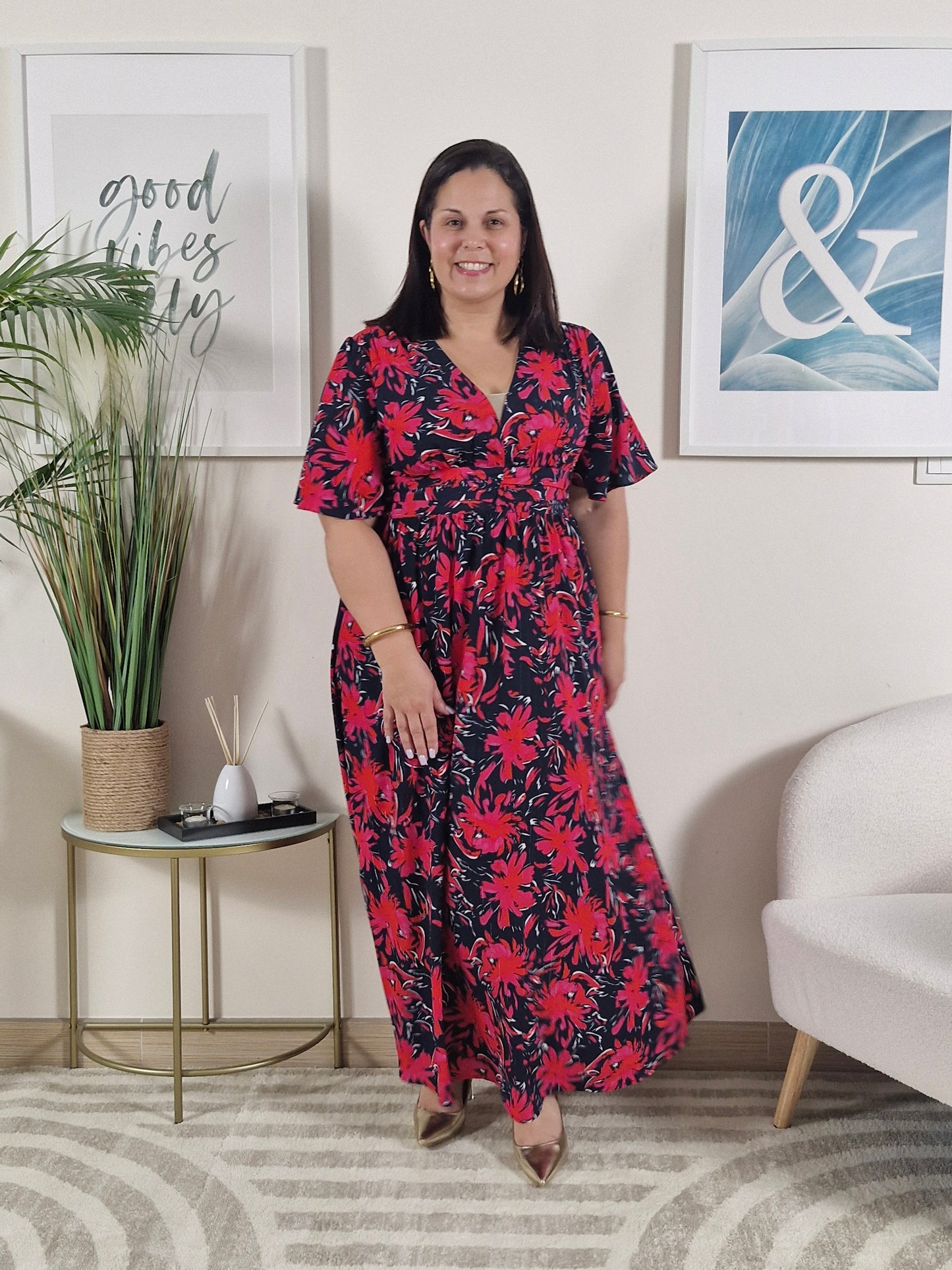 Robe longue portefeuille à fleurs fuchsia sur fond bleu marine _Grande taille_YASMINE