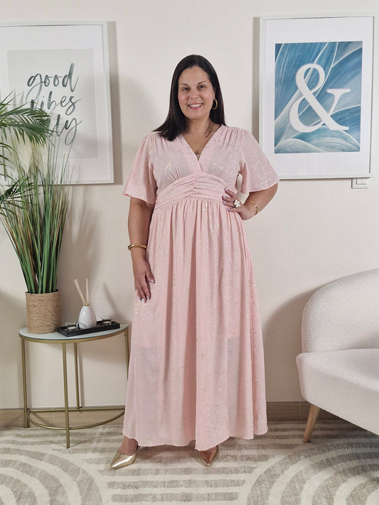 Robe longue rose et dorée _Grande Taille_ FLORA