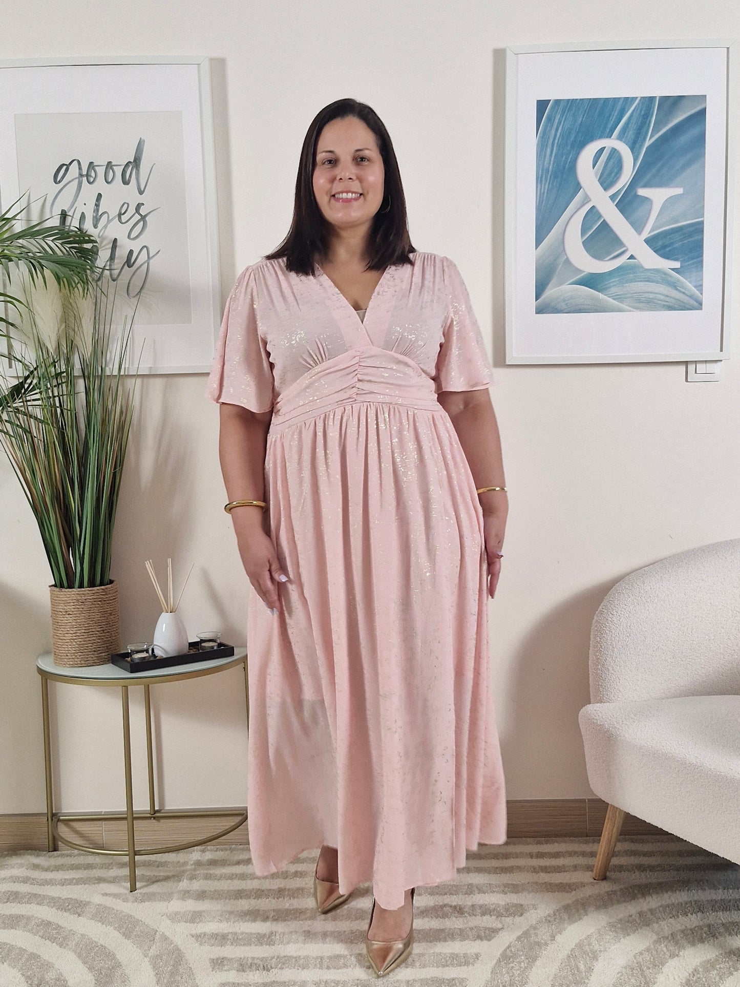 Robe longue rose et dorée _Grande Taille_ FLORA