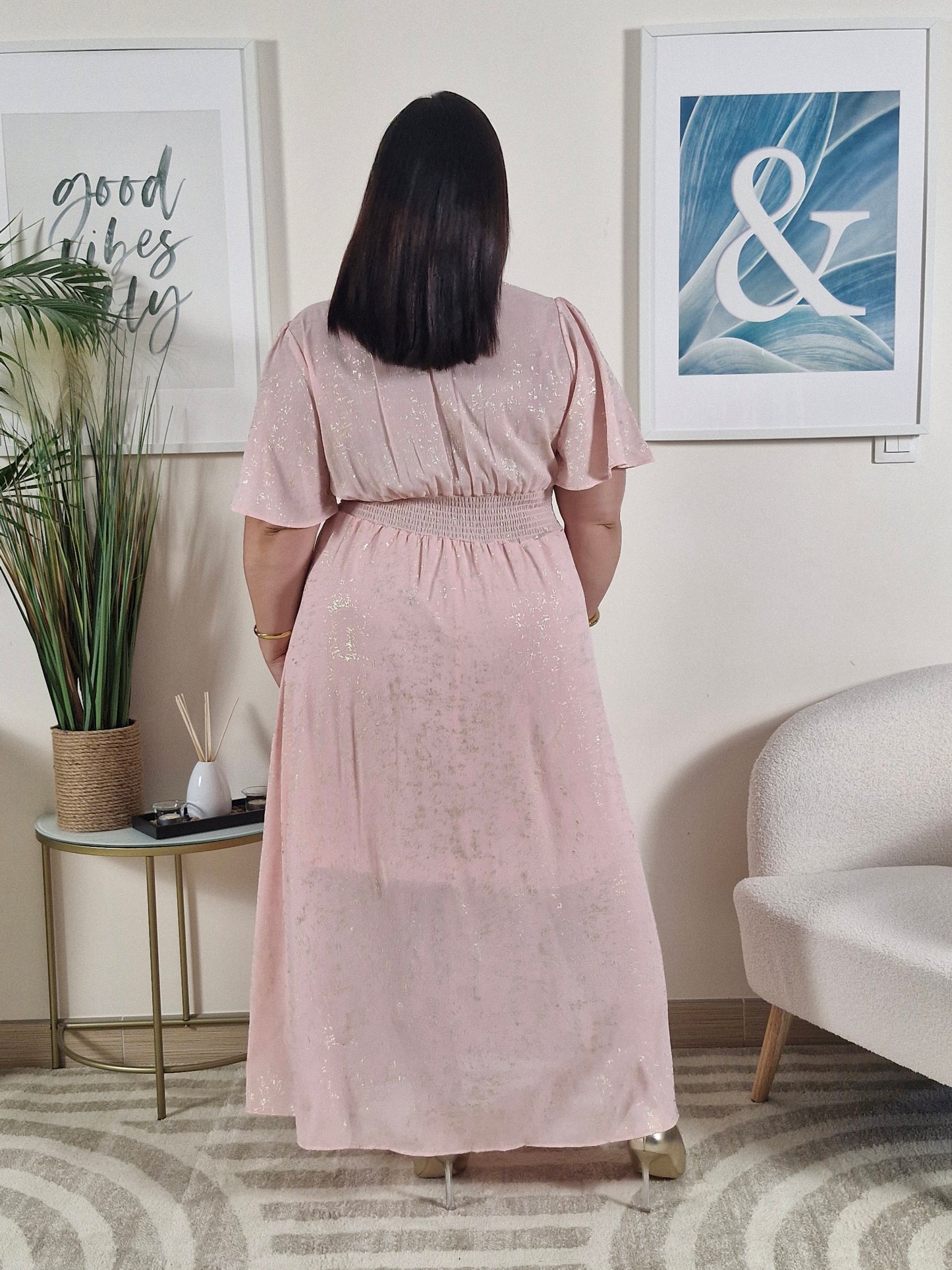 Robe longue rose et dorée _Grande Taille_ FLORA