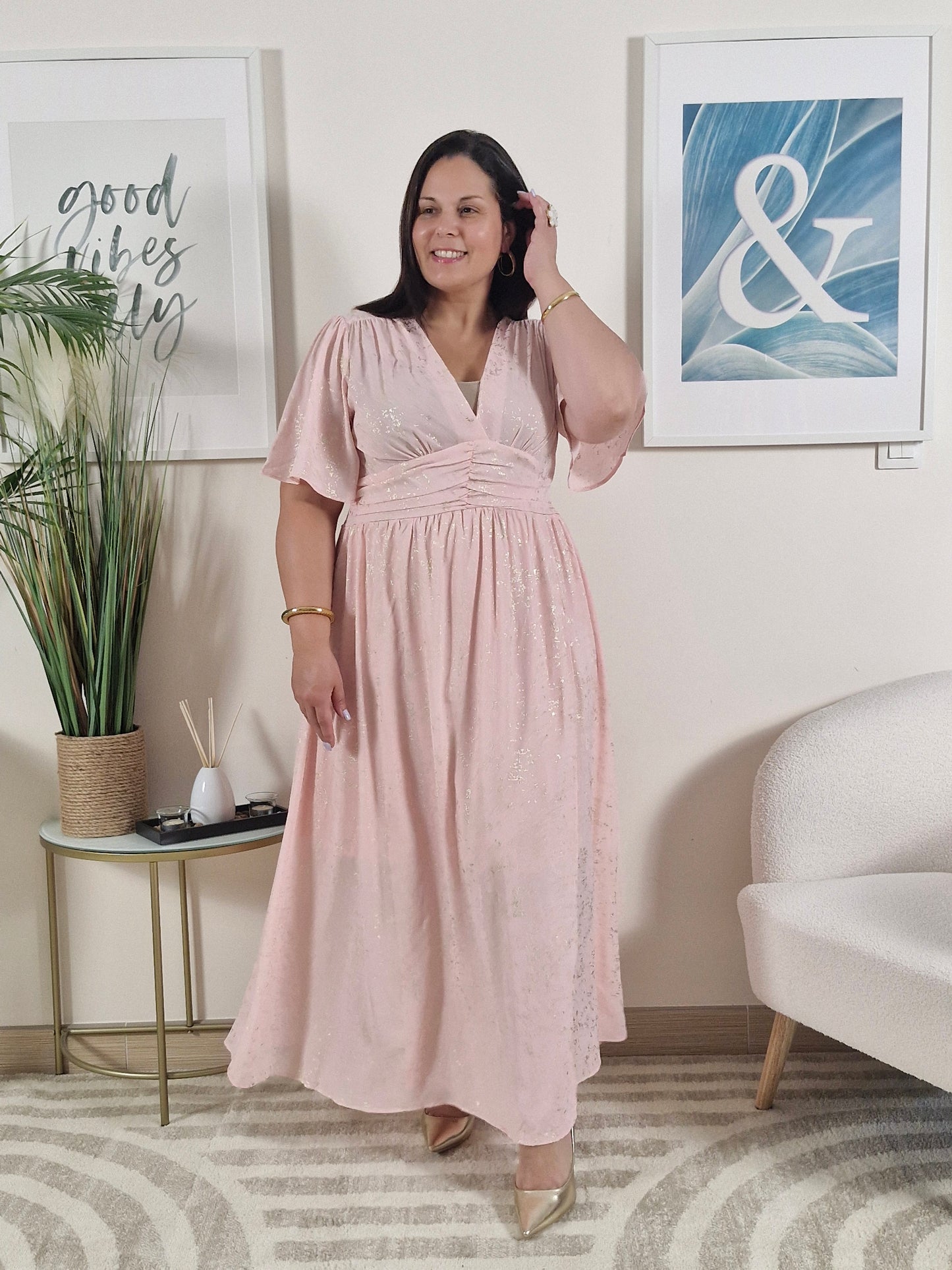 Robe longue rose et dorée _Grande Taille_ FLORA