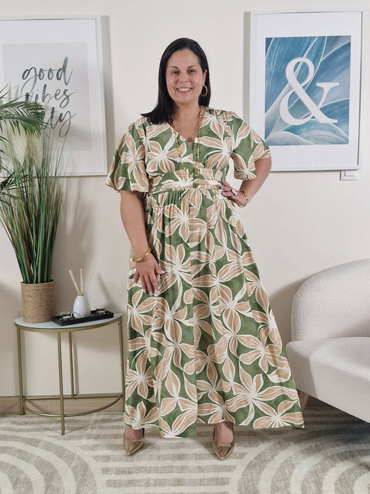 Robe longue verte kaki et fleurs beiges_Grande Taille_ STEFFY