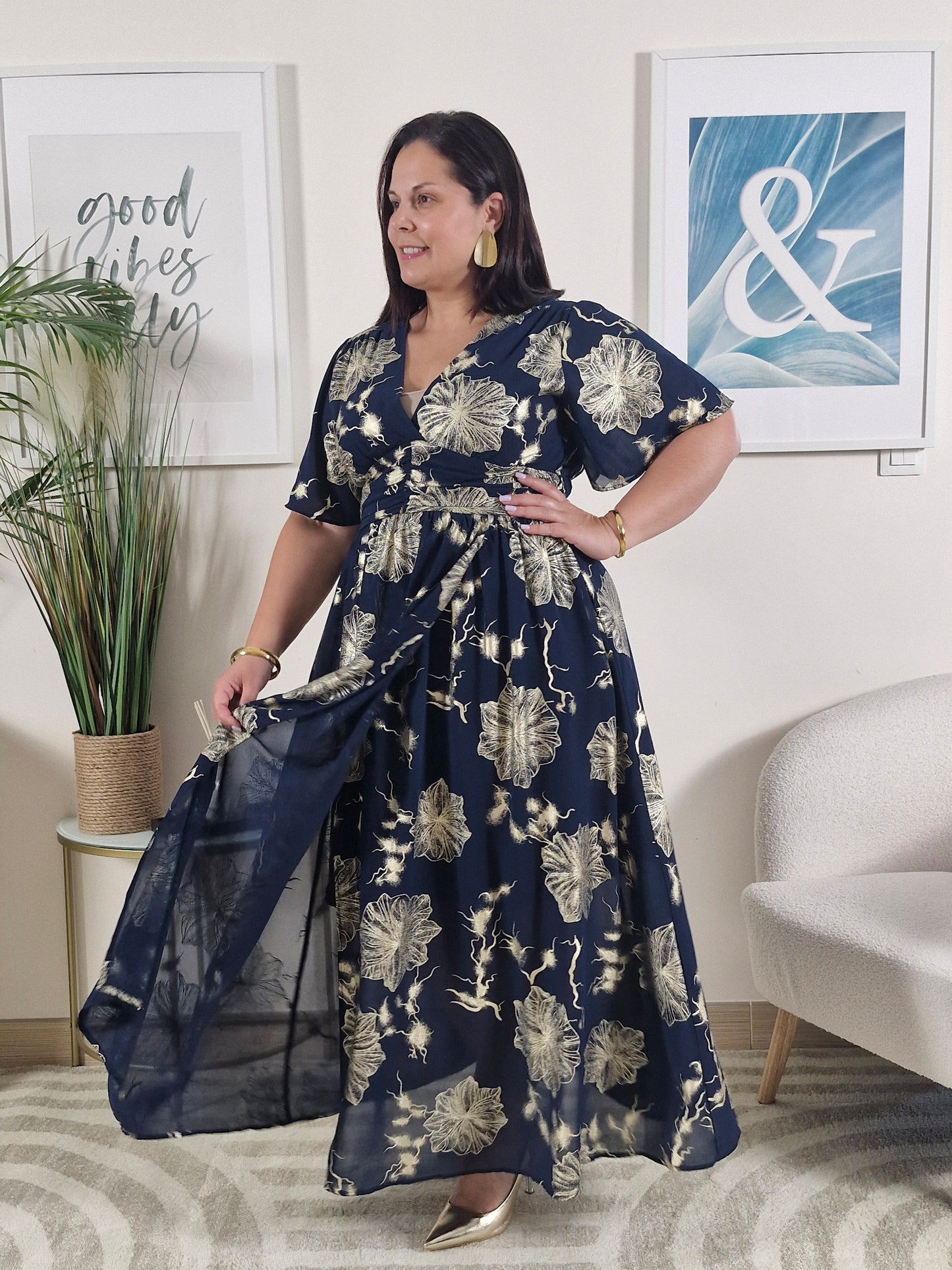 Robe longue été bleue marine fleurs dorées portefeuille AUDREY