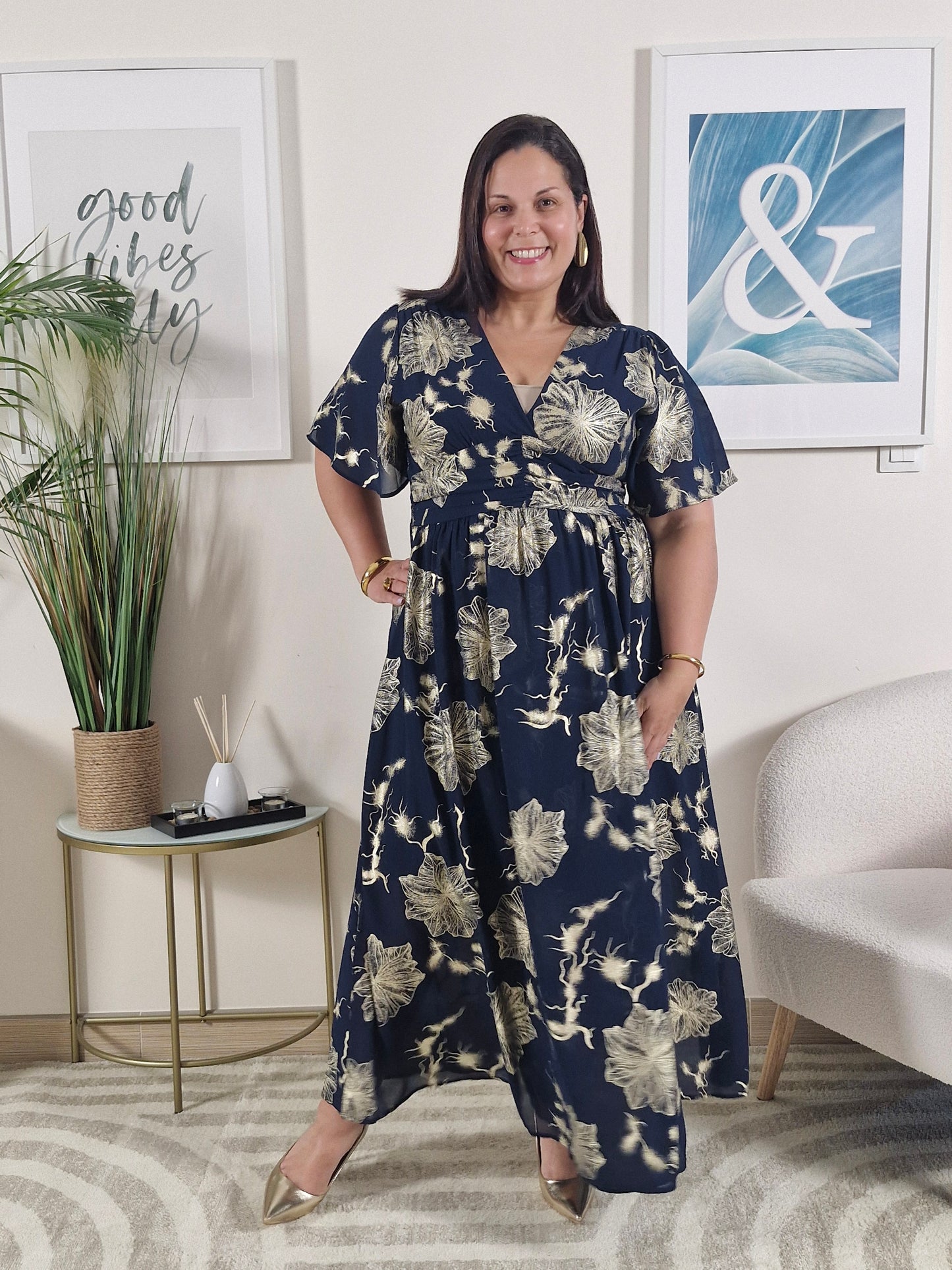 Robe longue été bleue marine fleurs dorées portefeuille AUDREY