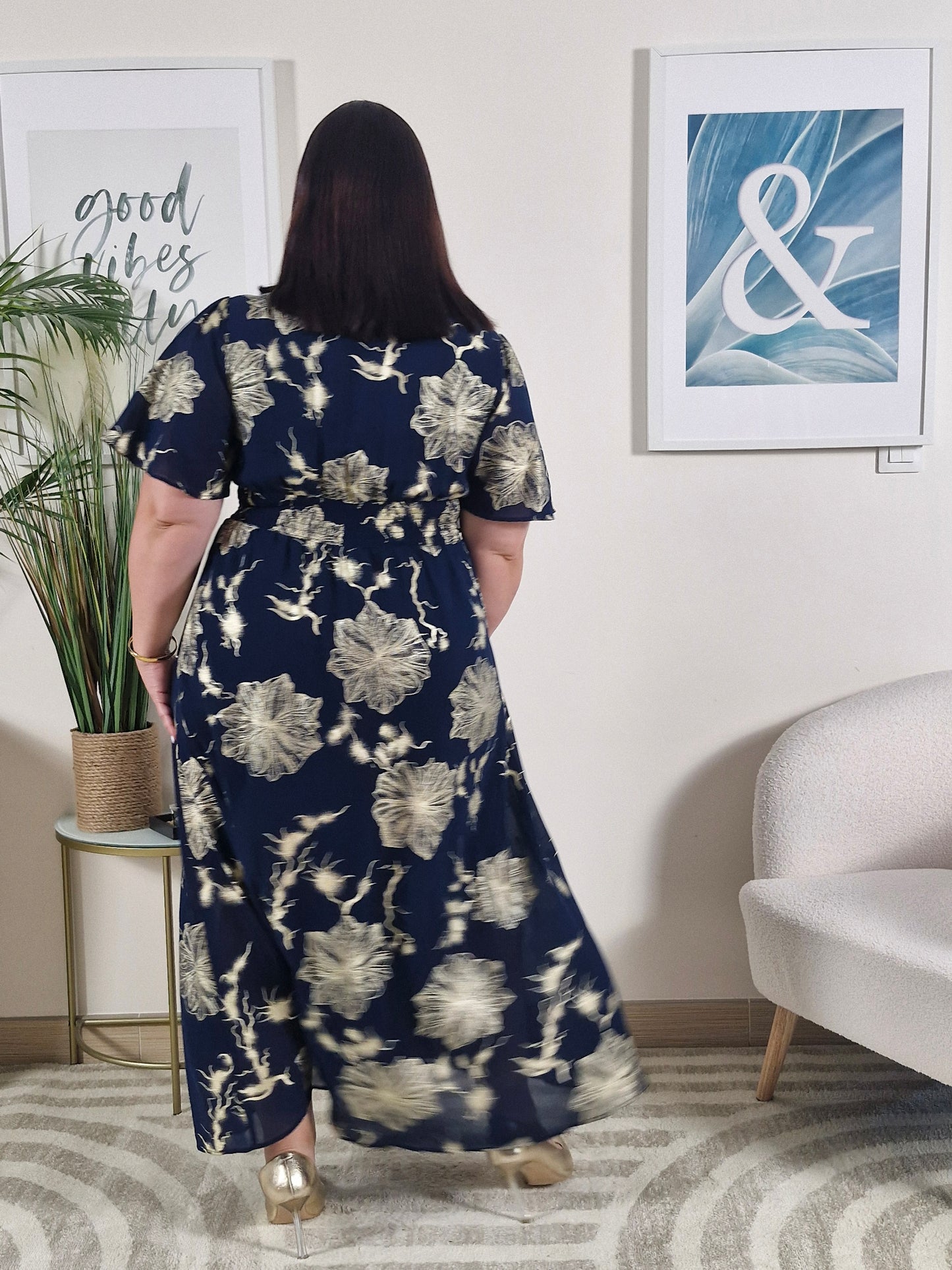 Robe longue été bleue marine fleurs dorées portefeuille AUDREY