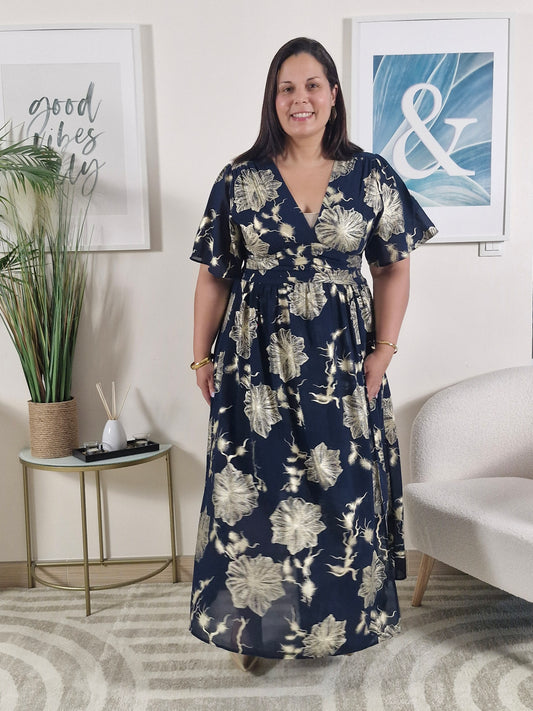 Robe longue été bleue marine fleurs dorées portefeuille AUDREY