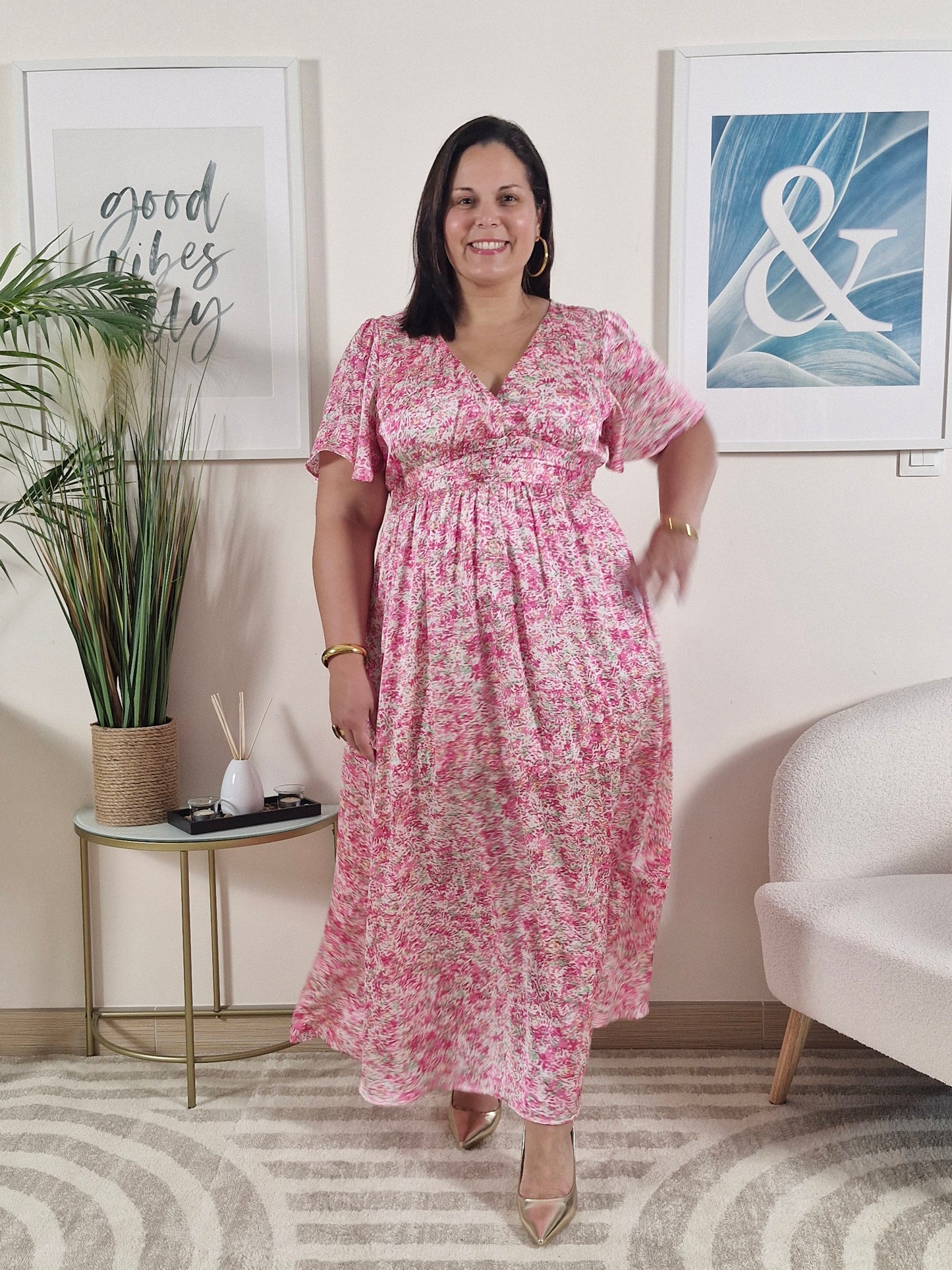 Robe longue rose fleurie dos nus_Grande Taille_ROSALIE