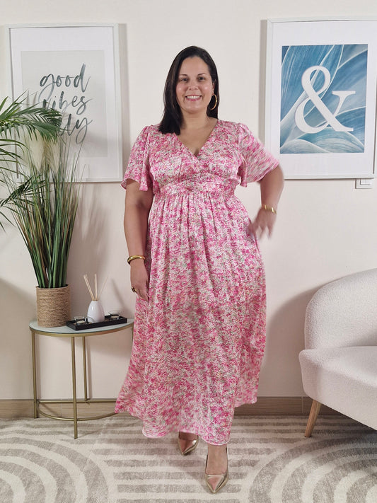 Robe longue rose fleurie dos nus_Grande Taille_ROSALIE