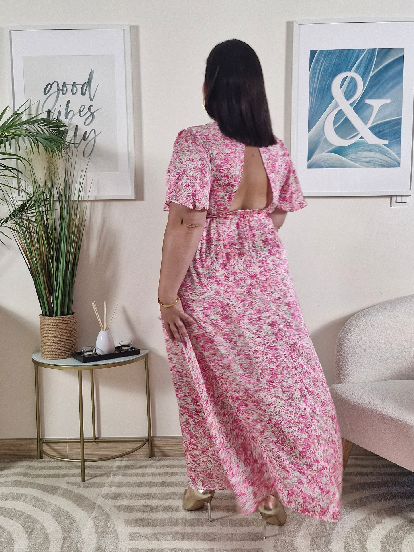 Robe longue rose fleurie dos nus_Grande Taille_ROSALIE