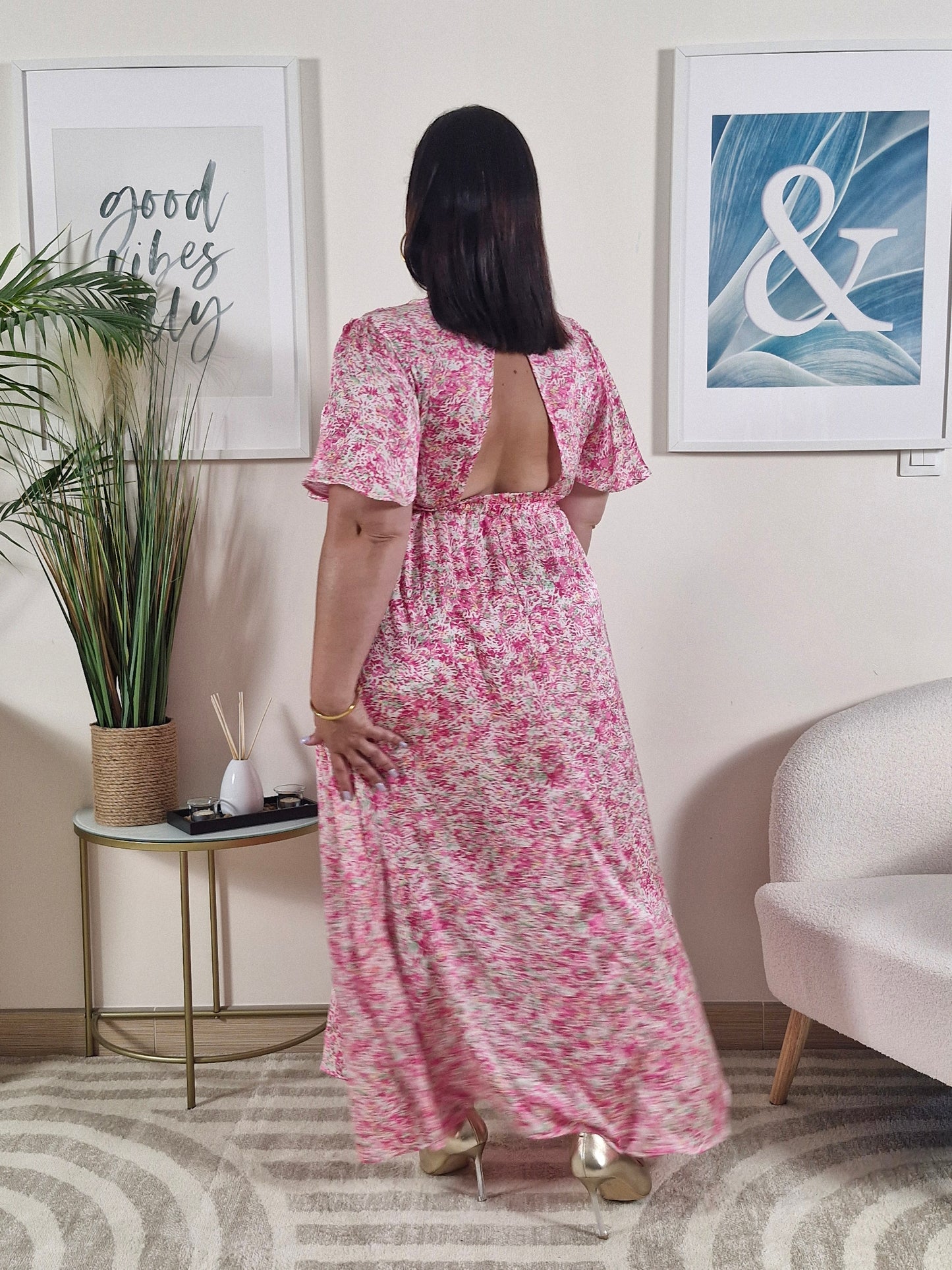 Robe longue rose fleurie dos nus_Grande Taille_ROSALIE