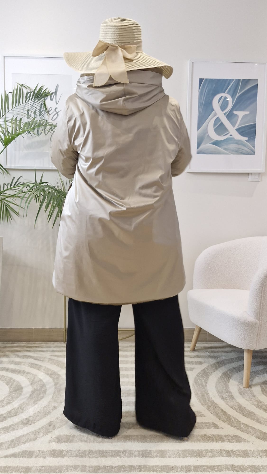 Imperméable fourré réversible long bicolore- SABLE