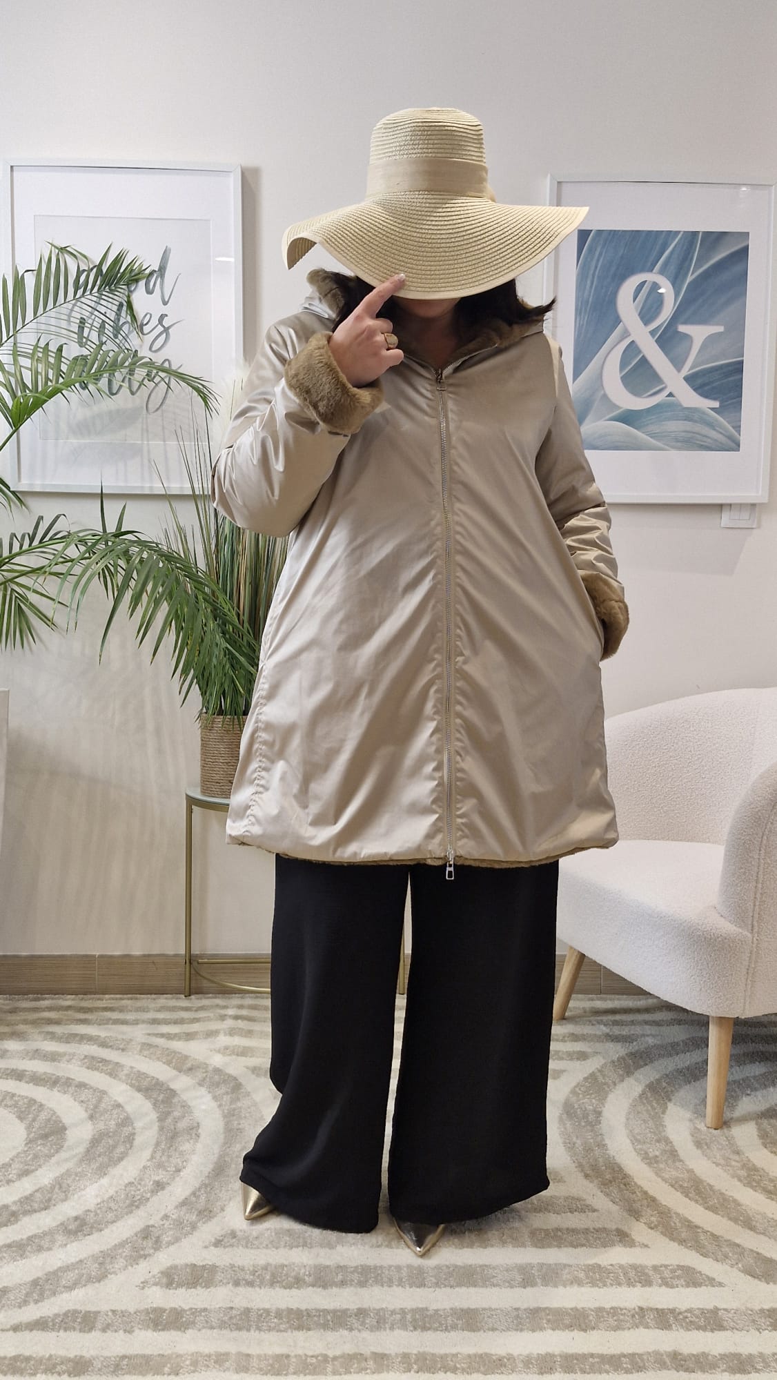 Imperméable fourré réversible long bicolore- SABLE